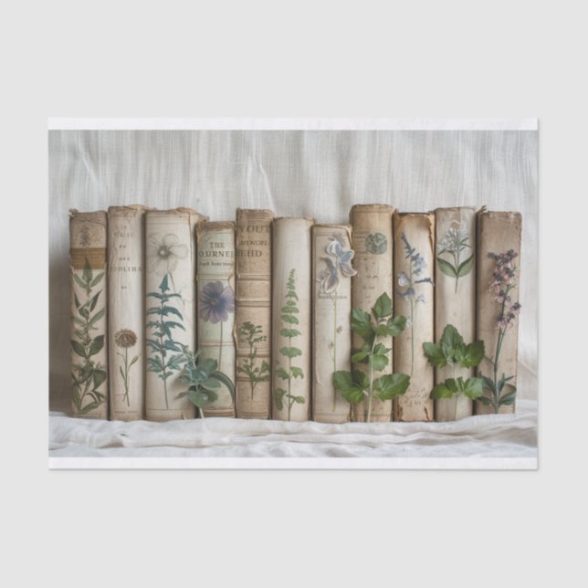 A Row of Old Books with Painted Herbs Tissue Paper (Front)