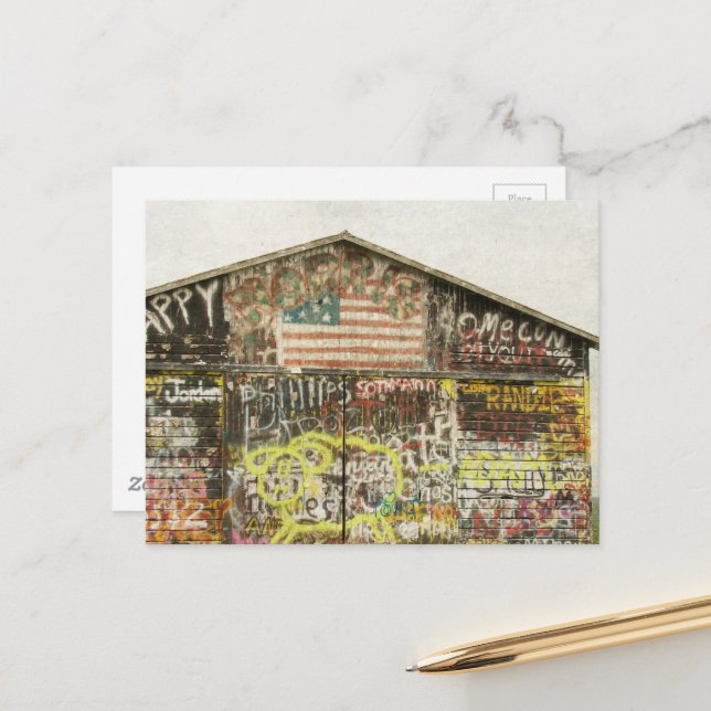  A rural barn covered in graffiti  Postcard (Front/Back In Situ)
