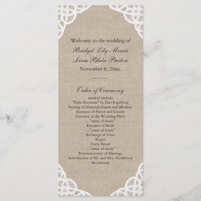 A Rustic Lace & Burlap Wedding Program (Front)