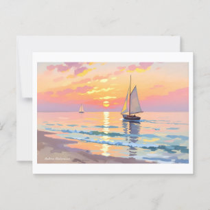 A sailing ship at sunset on the sea postcard