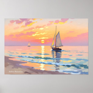 A sailing ship at sunset on the sea poster
