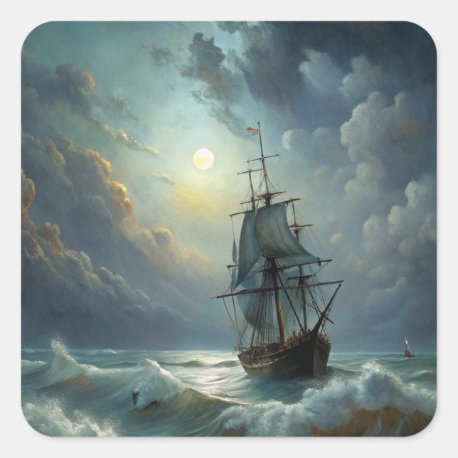 A sailing ship in the ocean square sticker (Front)