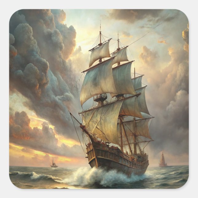 A sailing ship in the ocean square sticker (Front)