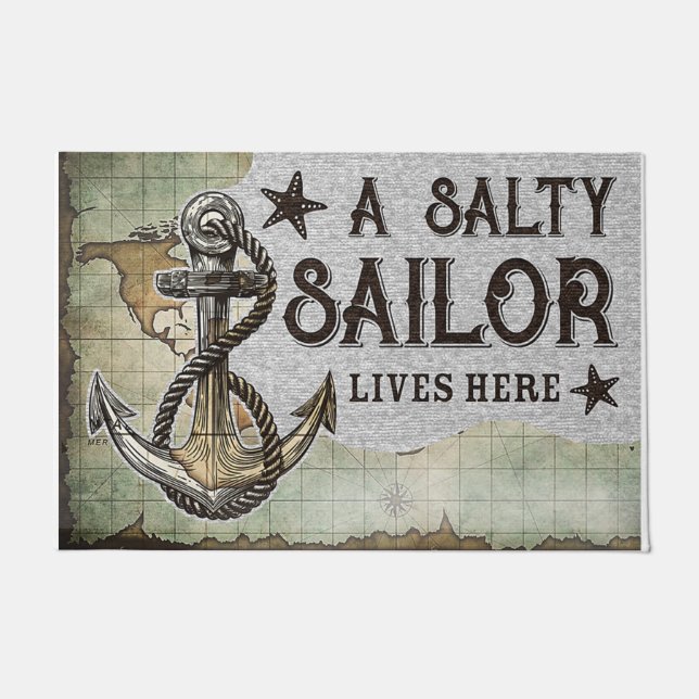 A Salty Sailor Live Here Doormat, Vinatge Doormat (Front)