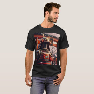 a samurai with a red headband and a red background T-Shirt