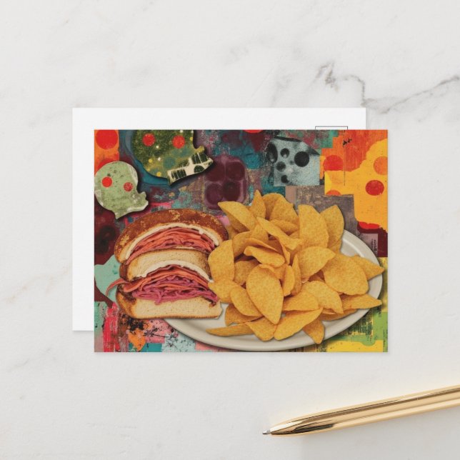 A sandwich and chips collage postcard (Front/Back In Situ)