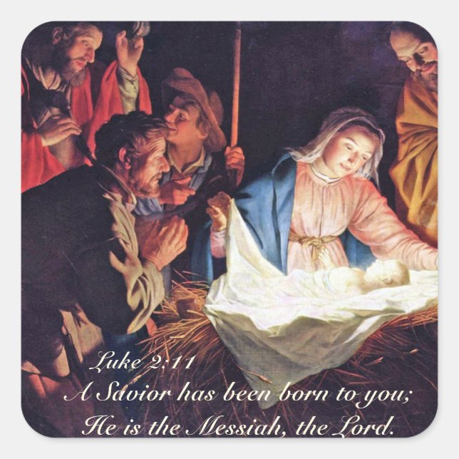 A Saviour has been Born, Luke 2 Christmas Nativity Square Sticker (Front)