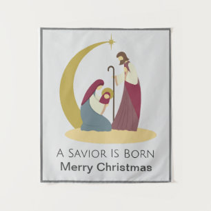 A Saviour Is Born Gold Merry Christmas Nativity Tapestry