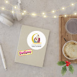 A Saviour Is Born Merry Christmas Nativity Classic Round Sticker<br><div class="desc">Beautiful depiction of Christmas,  a simple image of the nativity: A Saviour Is Born. Featuring Joseph with staph,  Mary knealing,  and baby Jesus in a manger with the star of Bethlehem above.
#Christmas</div>