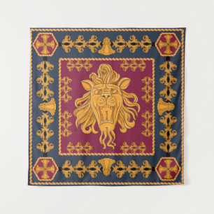 A scarf with a big lion head in a golden colour. S Tapestry