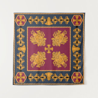 A scarf with a pattern of gold heads of lions and  tapestry