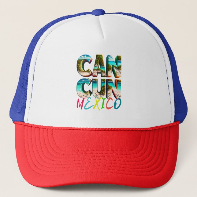 A scenic beach scene of Cancun shirt | Mexico Trucker Hat (Front)