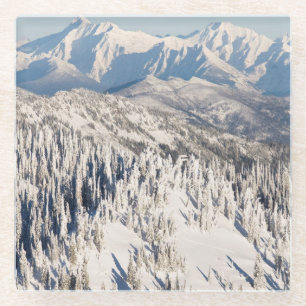 A Scenic View of Snowy Mountains and Trees. Glass Coaster