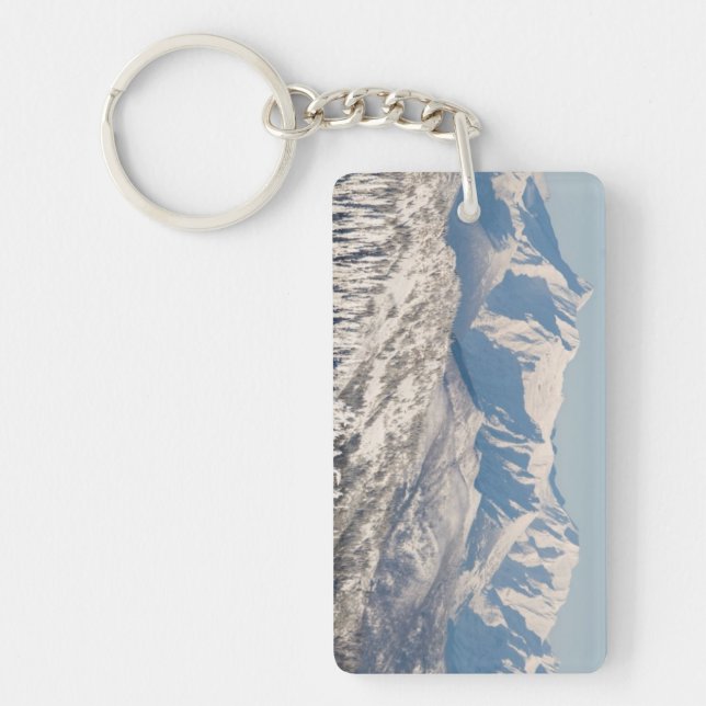 A Scenic View of Snowy Mountains and Trees. Keychain (Front)