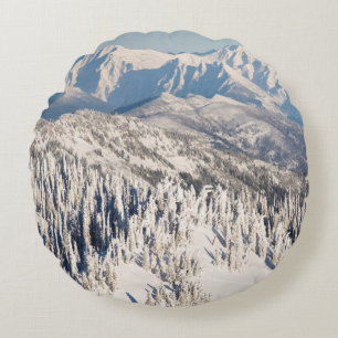 A Scenic View of Snowy Mountains and Trees. Round Pillow