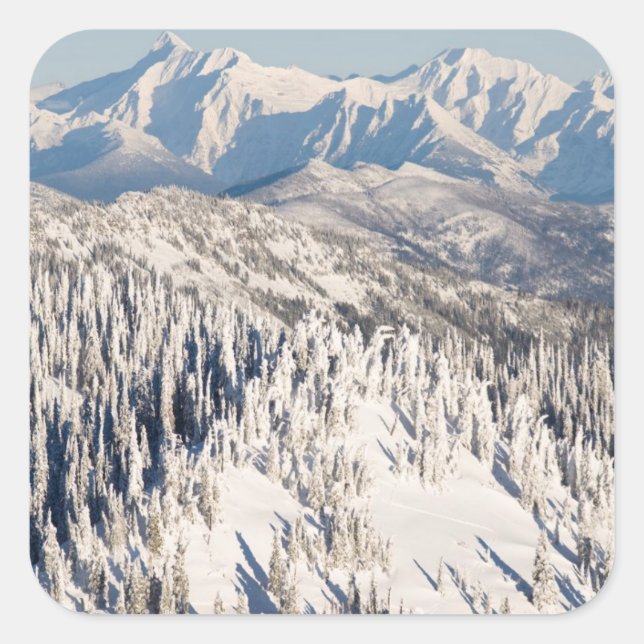 A Scenic View of Snowy Mountains and Trees. Square Sticker (Front)
