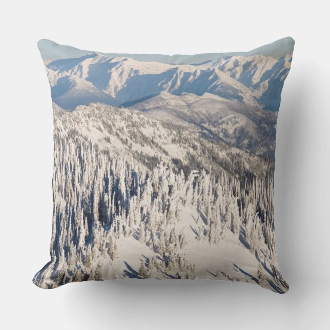 A Scenic View of Snowy Mountains and Trees. Throw Pillow (Front)