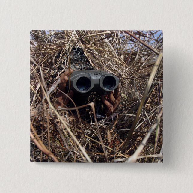 A scout observer practices observation techniqu 2 inch square button (Front)