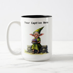 A Scruffy Elf Holding a Delicious Cake Two-Tone Coffee Mug