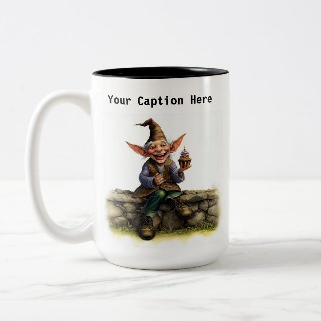 A Scruffy Elf Holding a Delicious Cake Two-Tone Coffee Mug (Left)
