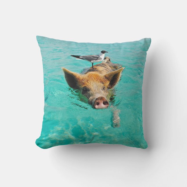 A sea gull and a pig throw pillow (Front)