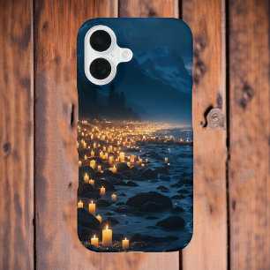 A sea of candlelights on the beach in the dark iPhone 16 case