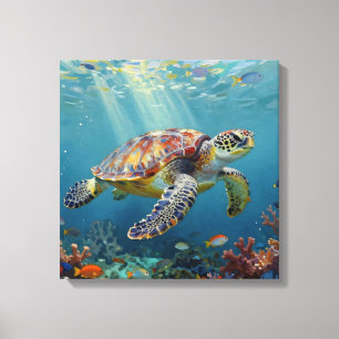 A Sea Turtle and Sun Rays in the Ocean Blue Canvas Print