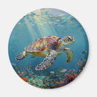 A Sea Turtle and Sun Rays in the Ocean Blue