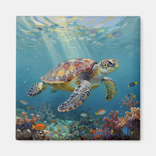 A Sea Turtle and Sun Rays in the Ocean Blue Magnet