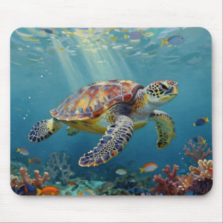 A Sea Turtle and Sun Rays in the Ocean Blue Mouse Pad