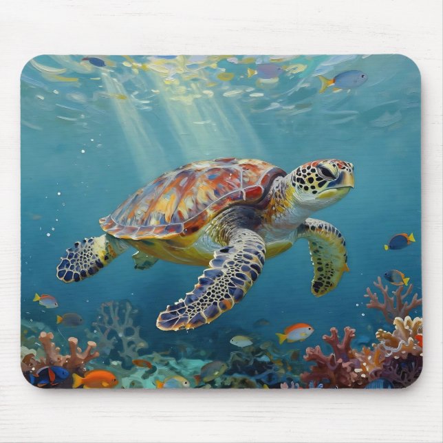 A Sea Turtle and Sun Rays in the Ocean Blue Mouse Pad (Front)