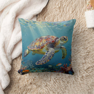 A Sea Turtle and Sun Rays in the Ocean Blue Throw Pillow