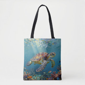 A Sea Turtle and Sun Rays in the Ocean Blue Tote Bag