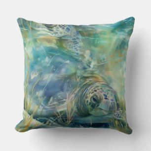 A Sea Turtle Swimming Underwater Throw Pillow