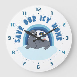 A seal and a penguin "Save Our Icy World" cartoon Large Clock