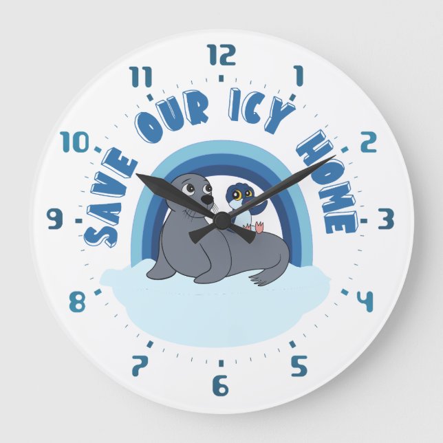 A seal and a penguin "Save Our Icy World" cartoon Large Clock (Front)