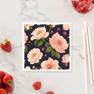 A seamless pattern with pink roses on a dark backg napkin