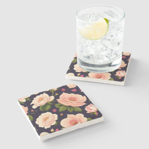 A seamless pattern with pink roses on a dark backg stone coaster