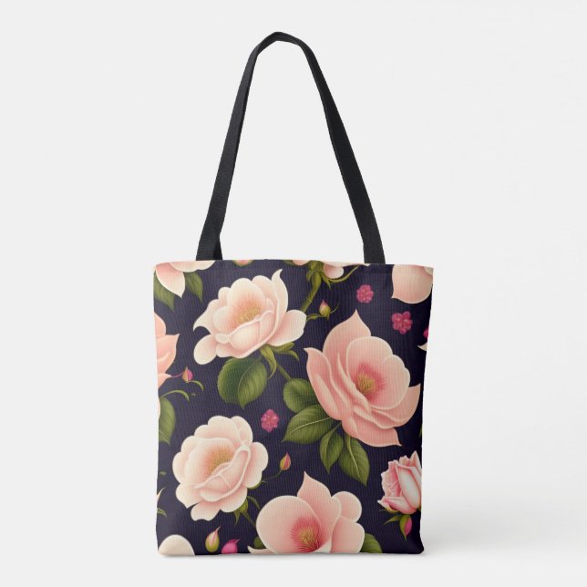 A seamless pattern with pink roses on a dark backg tote bag (Back)