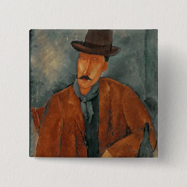 A seated man leaning on a table 2 inch square button (Front)