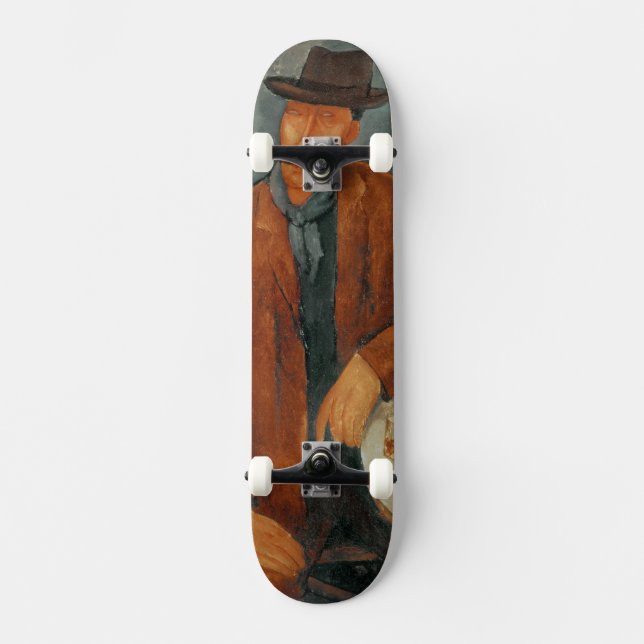 A seated man leaning on a table skateboard (Front)