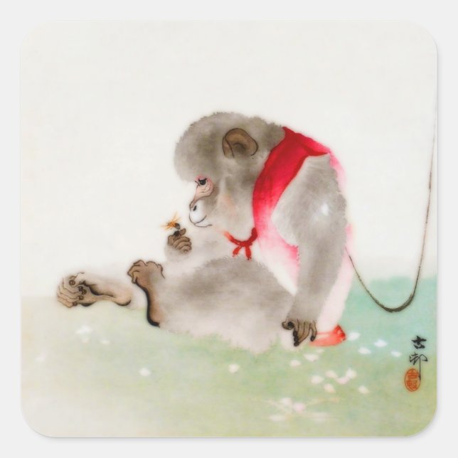 A Seated Monkey Observing An Insect Square Sticker (Front)