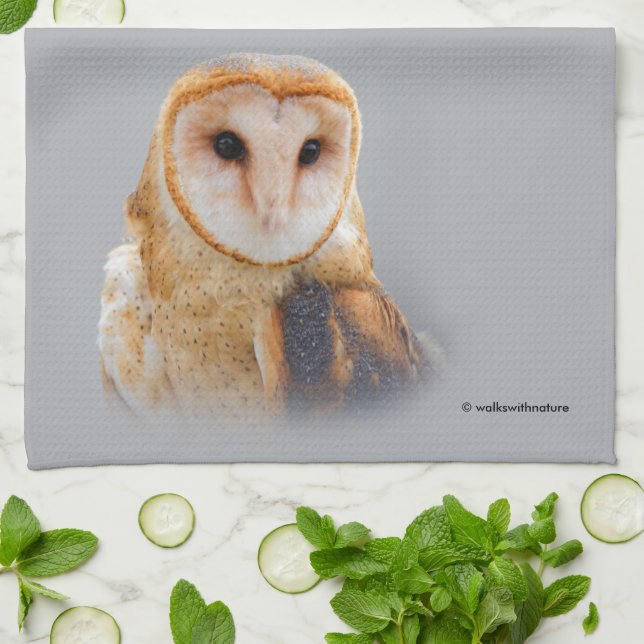 A Serene and Beautiful Barn Owl Kitchen Towel (Folded)