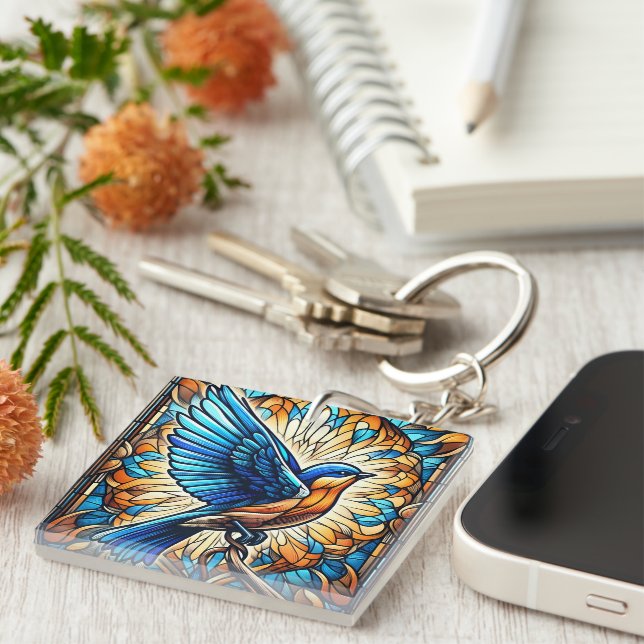 A Serene Bluebird: Stained Glass Artwork Keychain (Front Right)