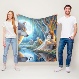 A serene moment between a Native Indian and a wolf Fleece Blanket