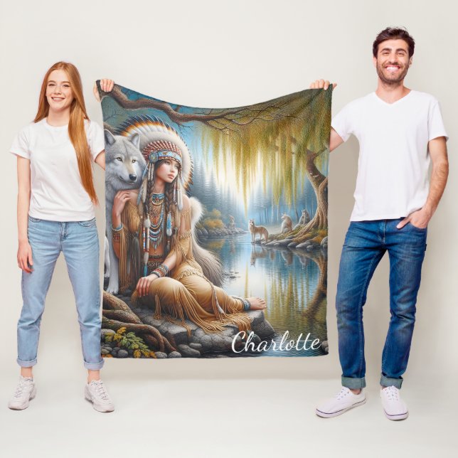 A serene moment by the river with a wolf companion fleece blanket (In Situ)