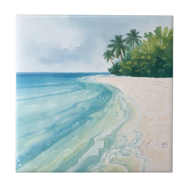A Serene Tropical Beach in Watercolor Tile (Front)