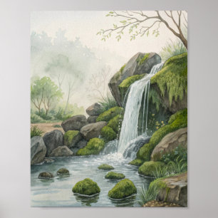 A Serene Woodland Waterfall Study in Watercolor Fe Poster