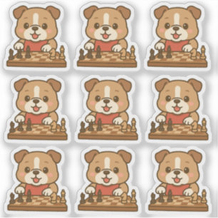 A Set of 6 Kawaii Cartoon Bulldog Playing Chess