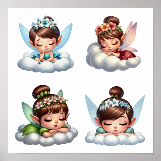 A set of magical little cartoon Fairies sleeping   Poster (Front)